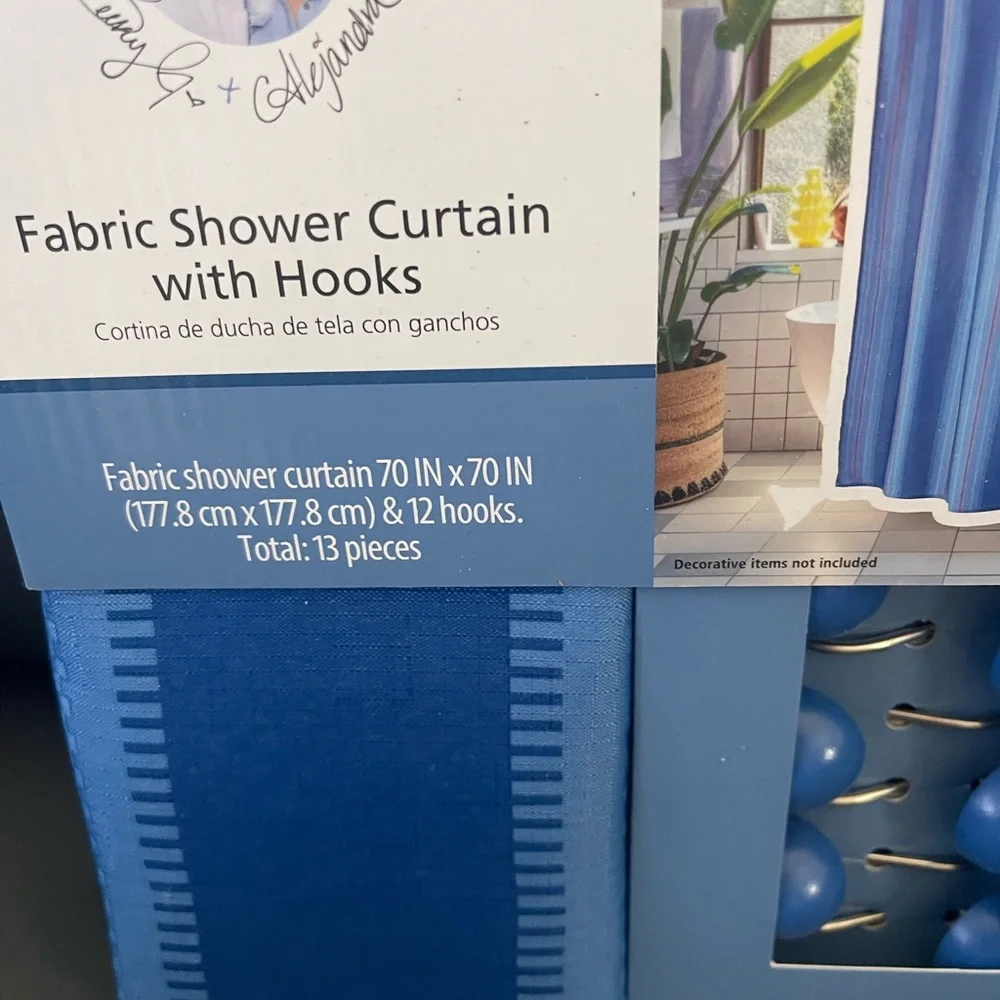 New Mainstays Blue Striped Fabric Shower Curtain with Matching Blue Hooks
